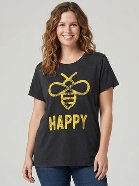 CRAZY DOG T-SHIRTS Bee Happy Graphic Tee XL 20.5” p2p Heather Charcoal EUC